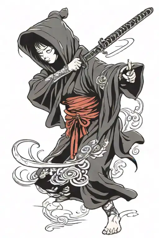 A Skinny Girl In A Hooded Cloak Takes Out A Katana Or Sword