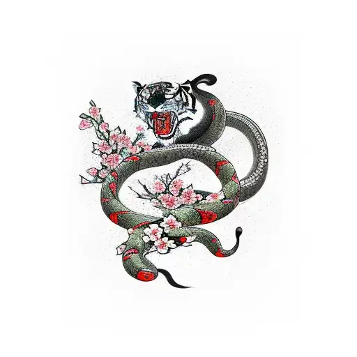 Tiger Vs Snake With Cherry Blossom