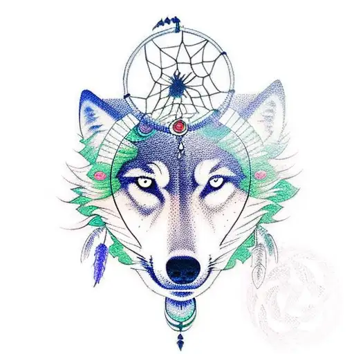 A Mystical Wolf And A Mystical Dream Catcher In The Background