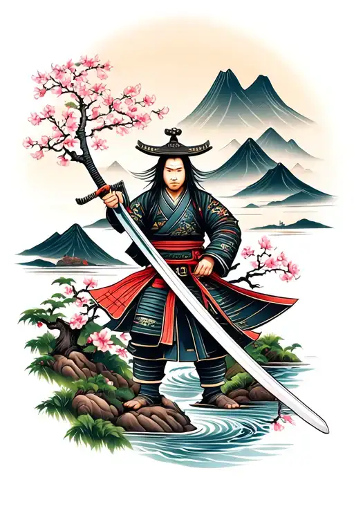 Samurai Warrior Sword Sakura Scenic Mountain Landscape With River