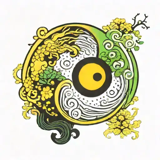 A Yingyang Symbol With Half Of It Yellow And The Other Half Green And Both Dots Are Black
