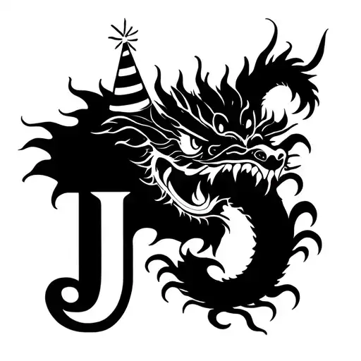 Letter Design J With A Birthday Hat And A Dragon