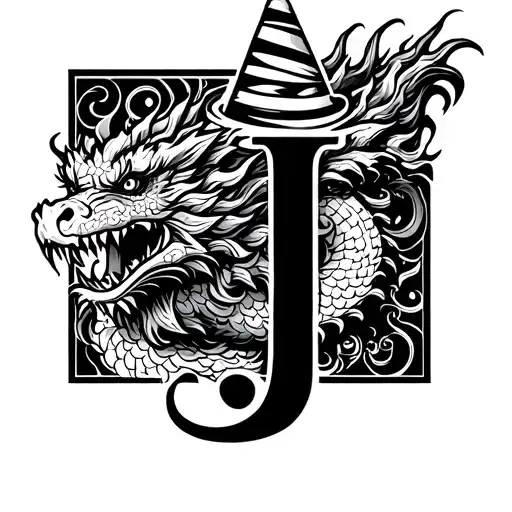 Letter Design J With A Birthday Hat And A Big Dragon