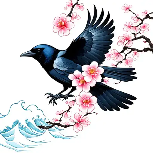 Crow Flying With Sakura Flowers And Sea Waves