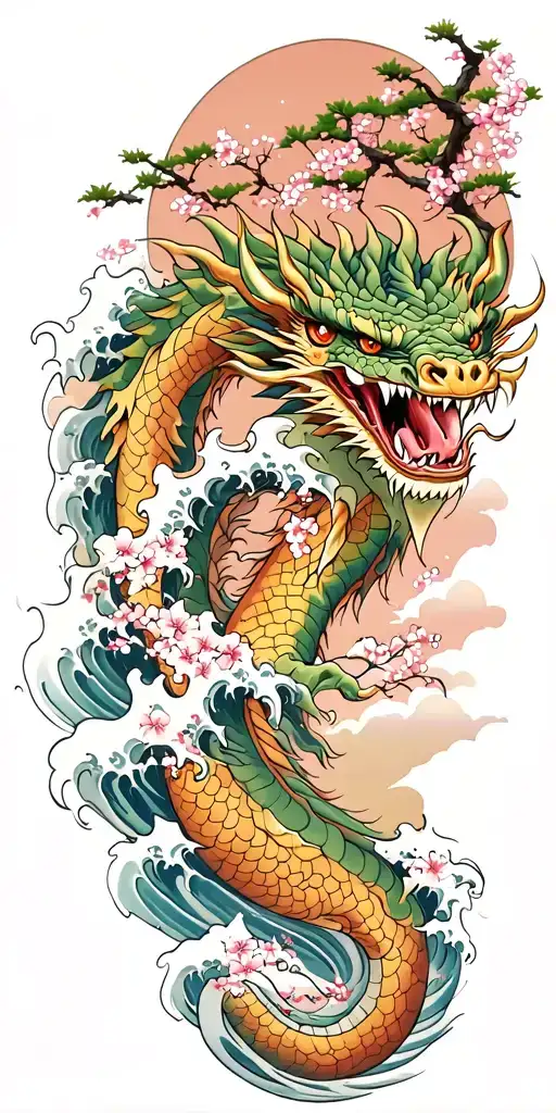 A Fierce Dragon Emerging From The Ocean Waves With Cherry Blossom Trees In The Background