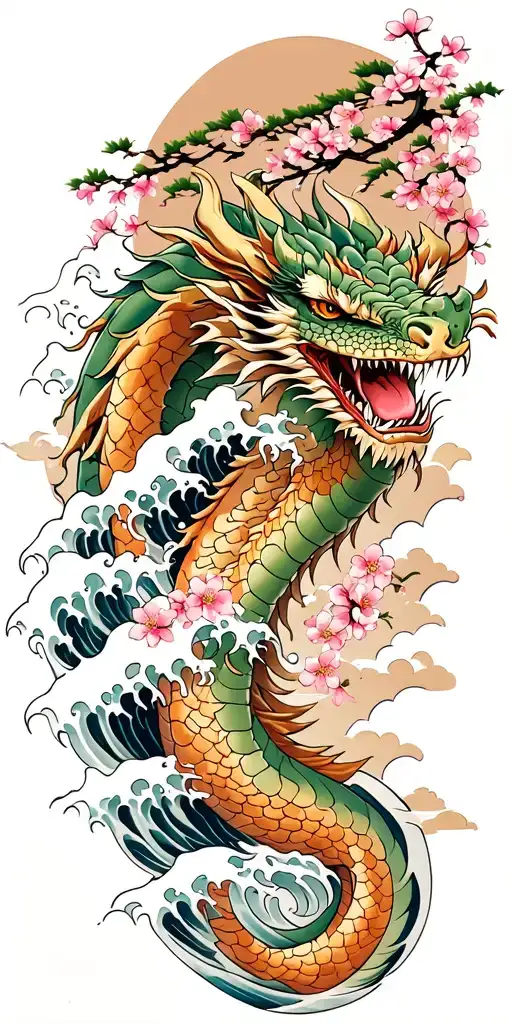 A Fierce Dragon Emerging From The Ocean Waves With Cherry Blossom Trees In The Background
