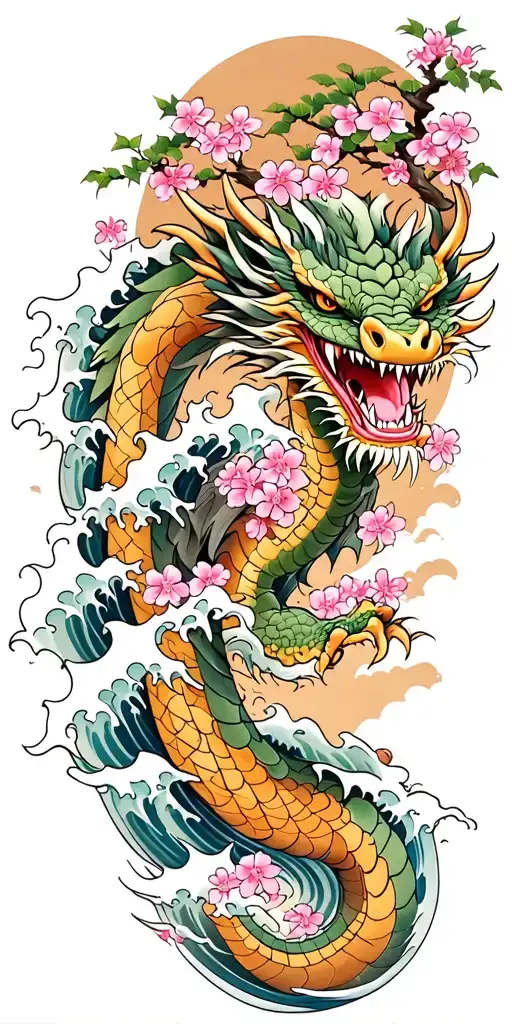A Fierce Dragon Emerging From The Ocean Waves With Cherry Blossom Trees In The Background