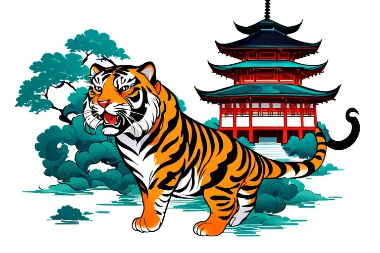 Japanese Pagoda With A Tiger Emerging Representing Imagination