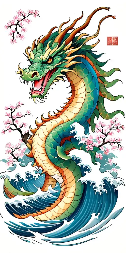 A Fierce Dragon Emerging From The Ocean Waves With Cherry Blossom Trees In The Background