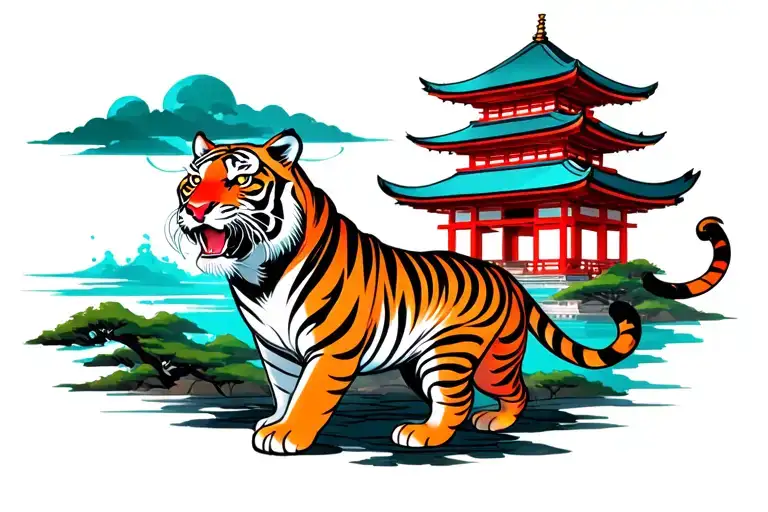 Japanese Pagoda With A Tiger Emerging Representing Imagination