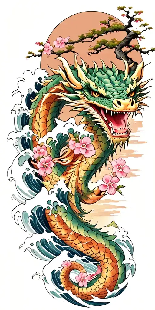A Fierce Dragon Emerging From The Ocean Waves With Cherry Blossom Trees In The Background