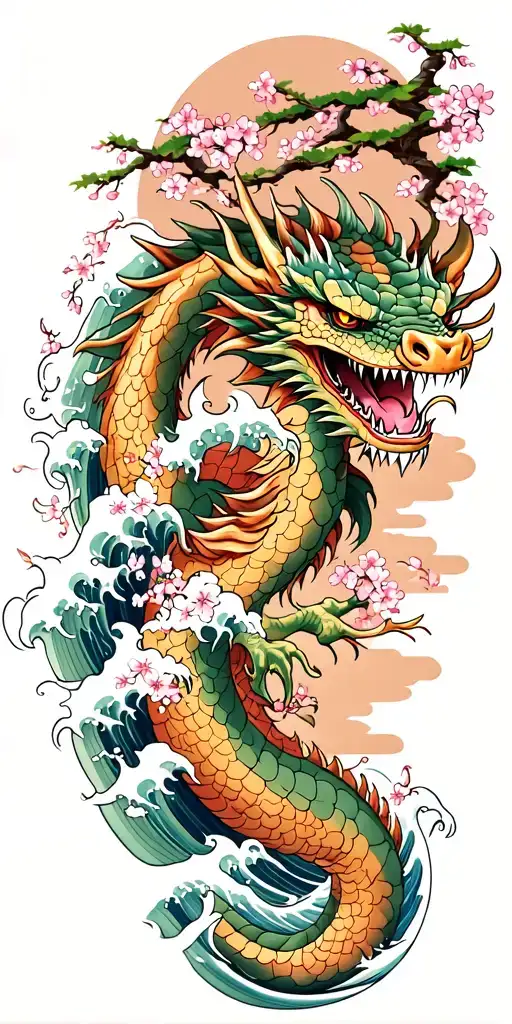 A Fierce Dragon Emerging From The Ocean Waves With Cherry Blossom Trees In The Background