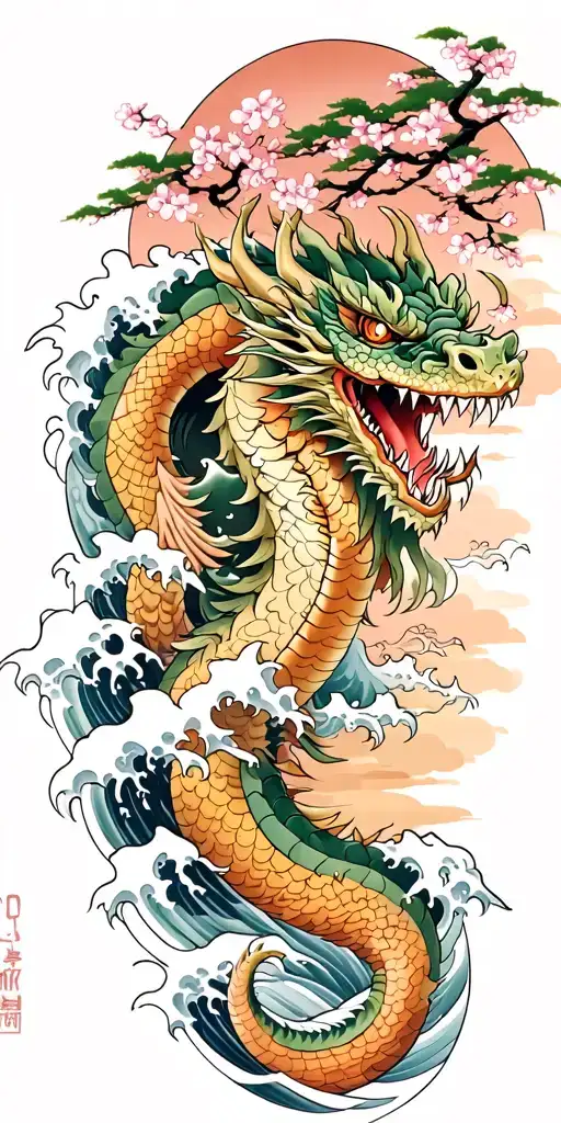A Fierce Dragon Emerging From The Ocean Waves With Cherry Blossom Trees In The Background
