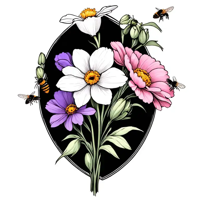 Purple Carnation White Daffodil Pink Cosmos Flowers With Bees