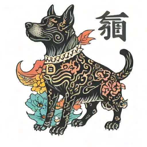 A Tattoo Of A Dog Surrounded By Colorful Asian Language Characters