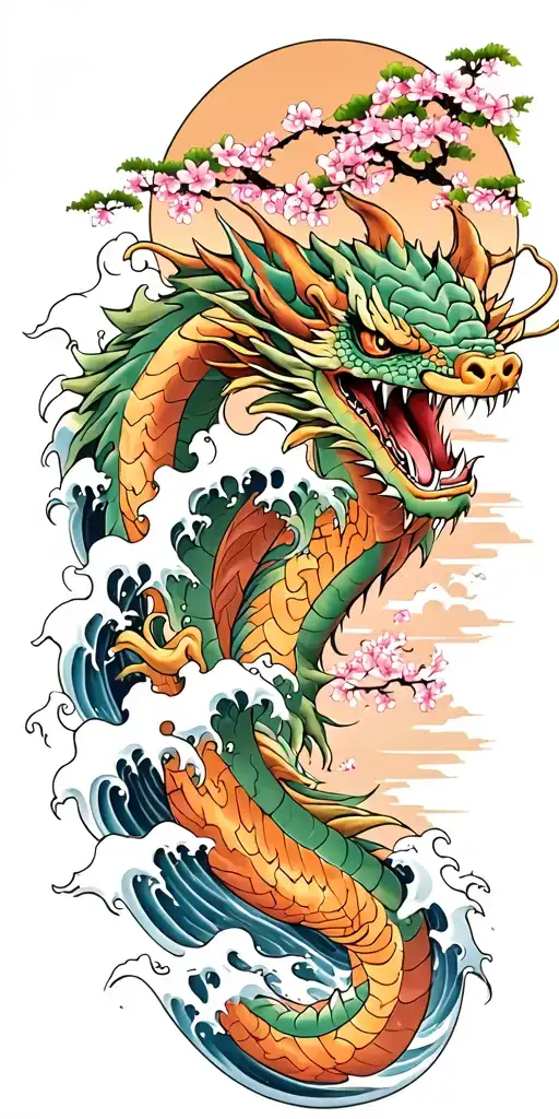 A Fierce Dragon Emerging From The Ocean Waves And Cherry Blossom Trees In The Background