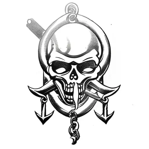 Decapitated Pirate Head On A Trident With A Chain Around It And A An Anchor At The Bottom