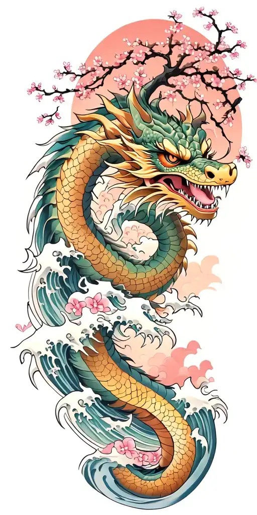 A Fierce Dragon Emerging From The Ocean Waves With Cherry Blossom Trees In The Background