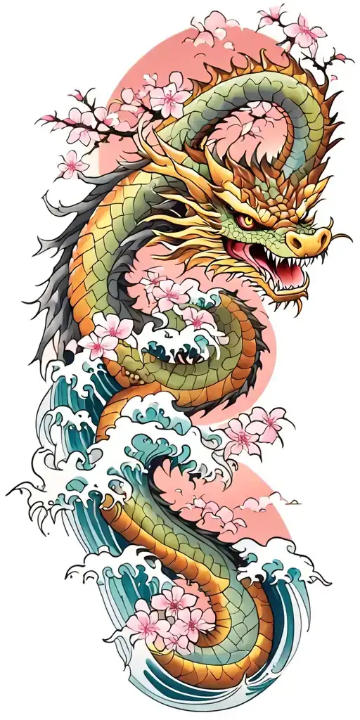 A Fierce Dragon Emerging From The Ocean Waves With Cherry Blossom Trees In The Background
