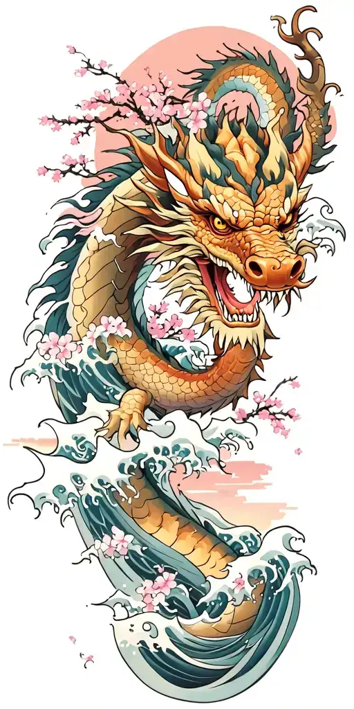 A Fierce Dragon Emerging From The Ocean Waves With Cherry Blossom Trees In The Background