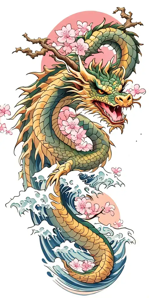 A Fierce Dragon Emerging From The Ocean Waves With Cherry Blossom Trees In The Background