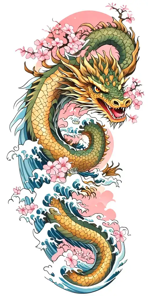 A Fierce Dragon Emerging From The Ocean Waves With Cherry Blossom Trees In The Background