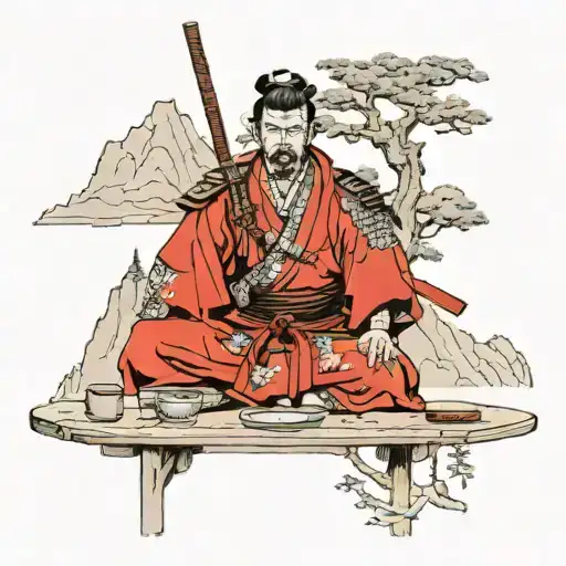 Samurai Warrior In Front Of Table On Mountain Peak