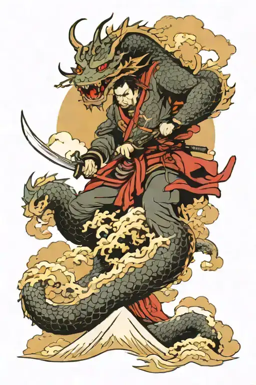 Lone Samurai Fight Dragons On Mount Fuji