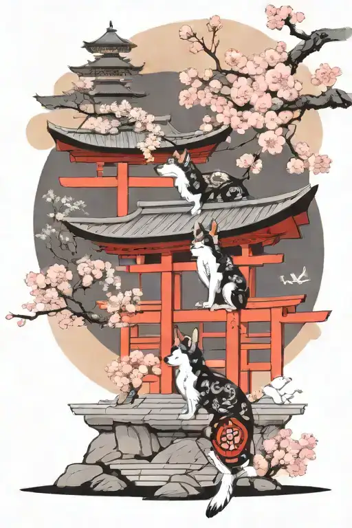 Dog Yokai As Shrine Guardian In Front Of Single Torii With Cherry Blossom In The Back Drop