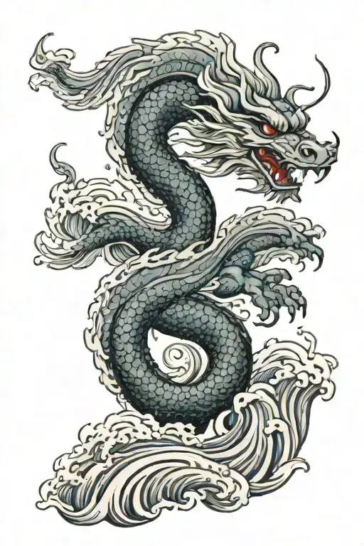 Dragon With Waves Behind It
