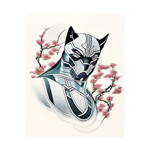 Black Panther With Waves And Cherry Blossom