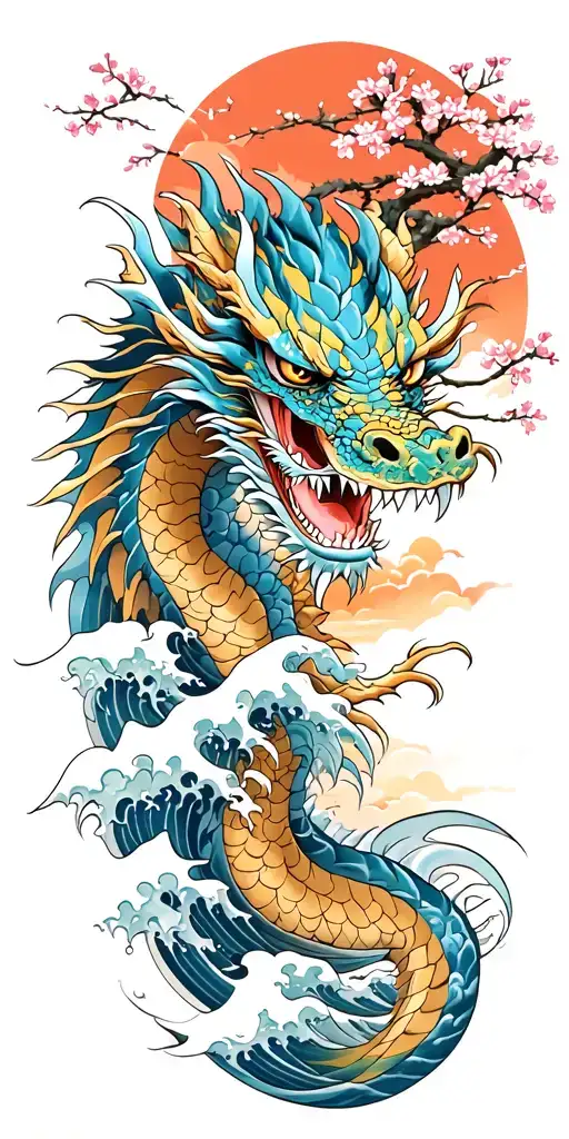 A Fierce Blue Dragon Emerging From The Ocean Waves With Cherry Blossom Trees In The Background