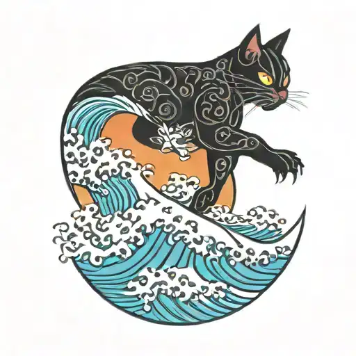 Black Cat Surfing On Kanagawa Wave