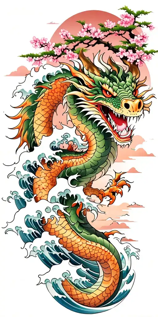 A Fierce Dragon Emerging From The Ocean Waves With Cherry Blossom Trees In The Background