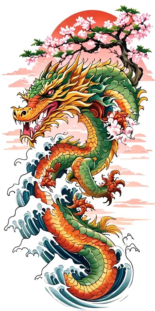A Fierce Dragon Emerging From The Ocean Waves With Cherry Blossom Trees In The Background