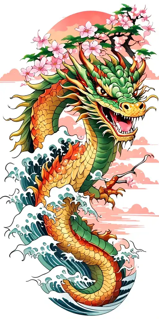 A Fierce Dragon Emerging From The Ocean Waves With Cherry Blossom Trees In The Background