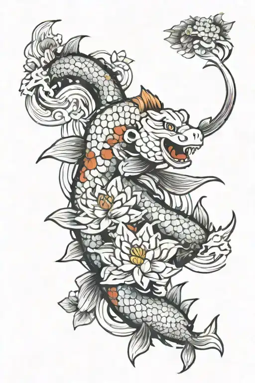 Thai Naga And Koi Fish Waves And Lotus Flowers Growing