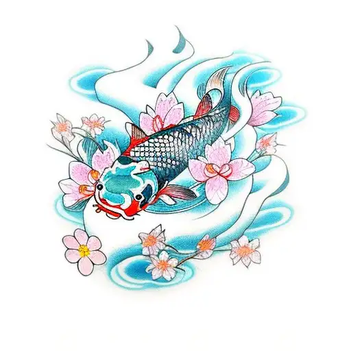 Koi Fish With Sakura Flower