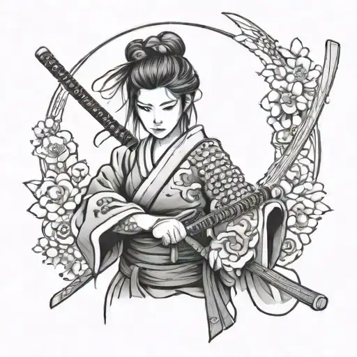 Girl With Samurai Katana Black And White Drawing