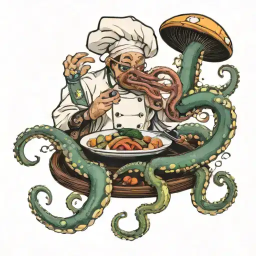 An Octopus Chef Preparing A Feast With Various Ocean Creatures In A Fine Dining Setting