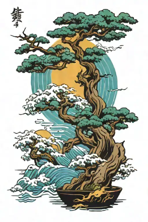 Bonsai Tree And Waves And Lightning Bolt And Sun