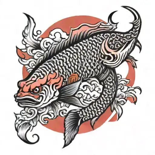 Japanese Fish With Red Moon And Demon With Two Horns Holding