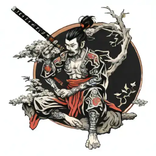 A Samurai With Sword In His Mouth Sitting On Japanese Tree