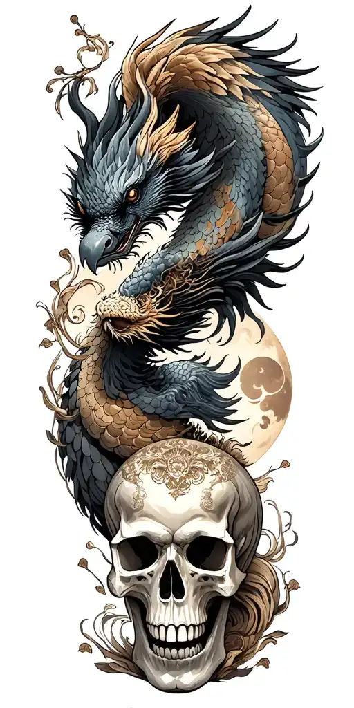Chinese Dragon And Phoenix And Skull And Moon And Raven
