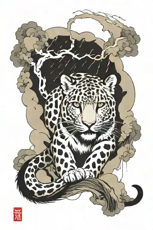 Snow Leopard With Lightning And A Waterfall