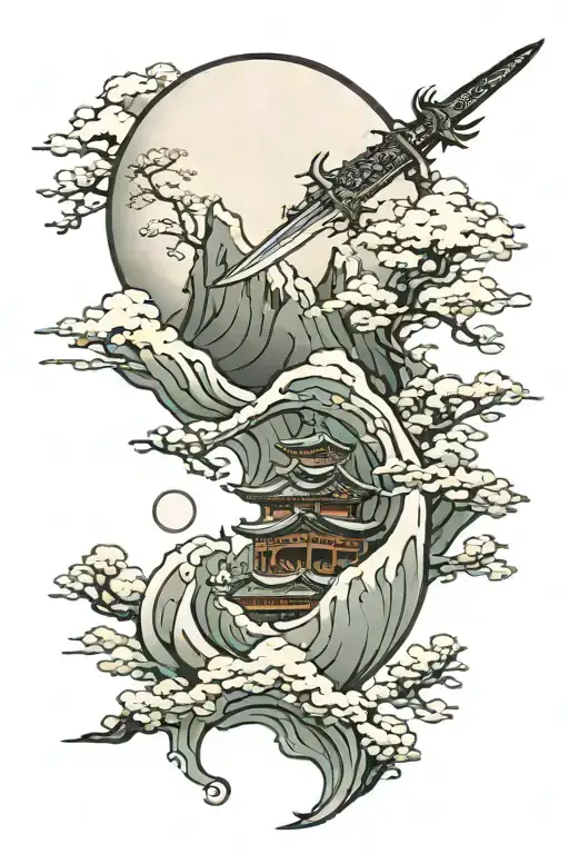 A Crescent Moon Rising Over A Mountain Peak With A Sword Piercing Through It