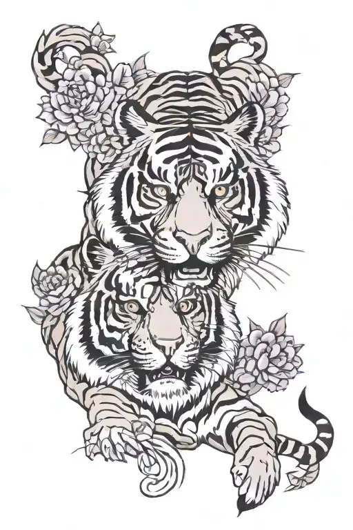Tiger With Background And Purple Peony Flowers