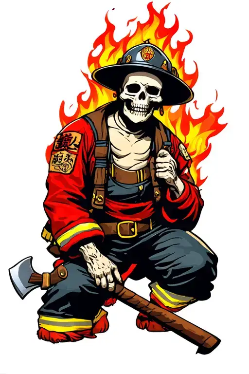 Fire Fighter Skeliton Kneeling With Axe Inspired