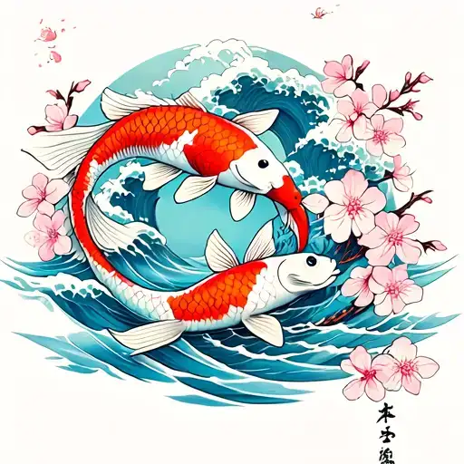 Koi Fish Swimming Upstream Cherry Blossom Waves In Background
