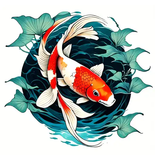 One Koi Fish Swimming Upstream Gingko Leaves Finger Waves In Background